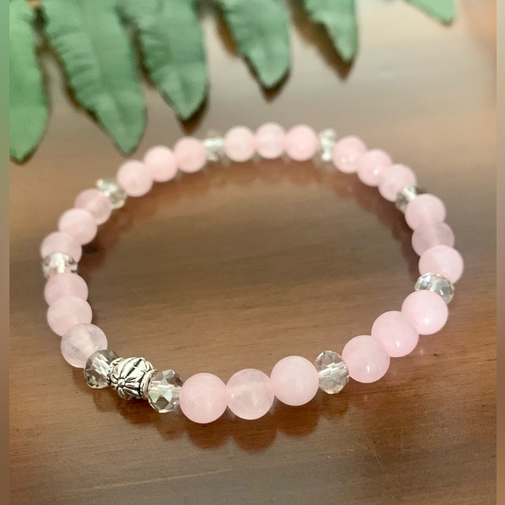 Rose Quartz and crystals stretchy bracelet by My BrownDog. O/S